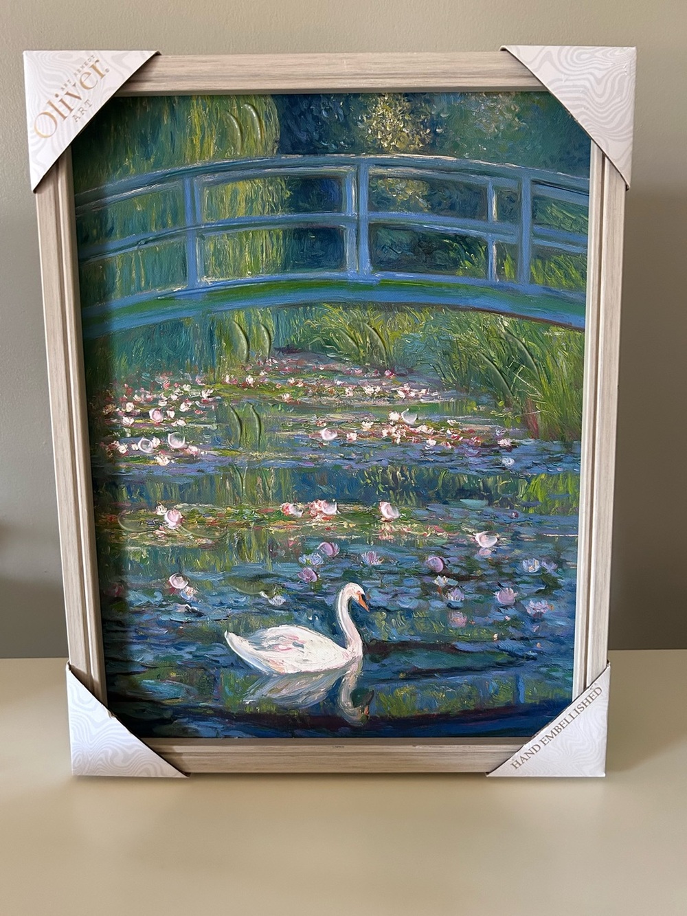 New Olive Art Hand Embellish Swan Pond Canvas Print with Bridge - Green & Pink